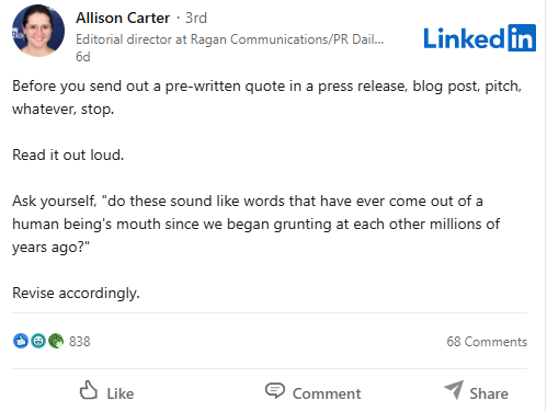 Allison Carter LinkedIn post
