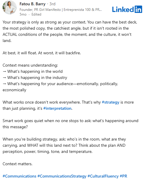 Fatou Barry LinkedIn post