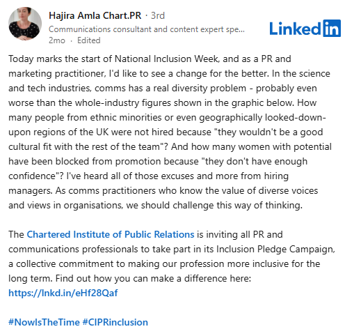 Hajira Amla LinkedIn post