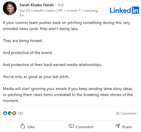 Sarah Kissko Hersh LinkedIn post