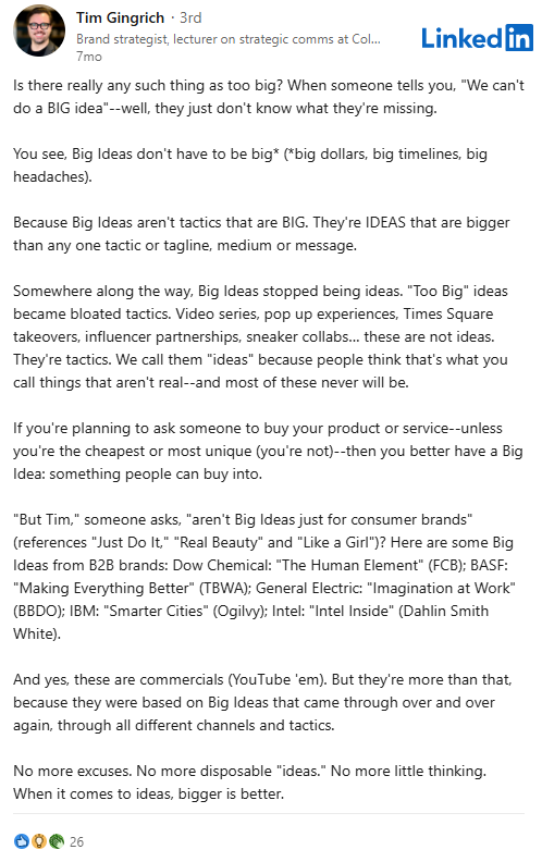 Tim Gingrich LinkedIn post